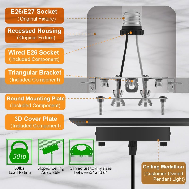 YIIZON 2-Pack Recessed Light to Pendant Converter Kit, Adjustable for 5 and 6 inch Recessed Can Light Conversion Kit, Includes E26 Socket, Triangular Bracket, Round Mounting Plate & 3D Black Cover - Image 4